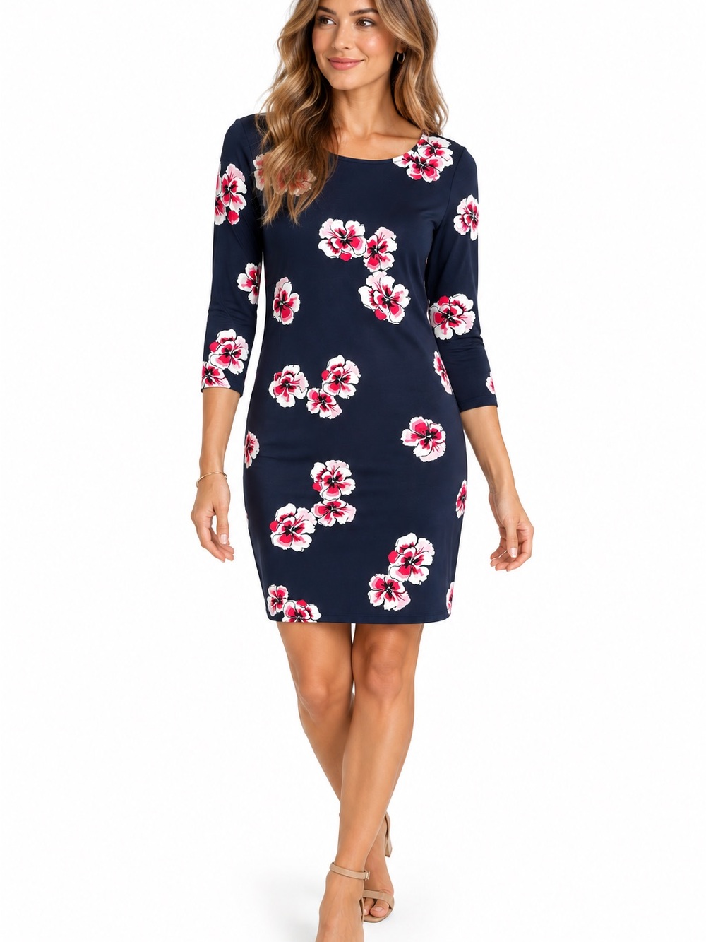 Tommy Hilfiger Size 6 Navy Pink Floral 3/4 Sleeve Sheath Shift Dress Career